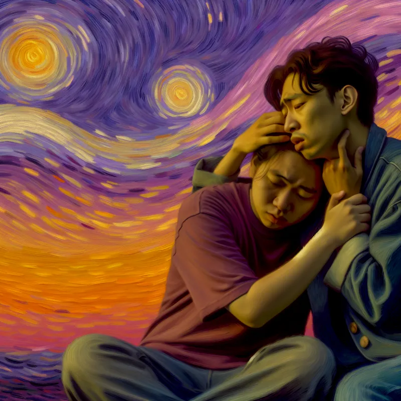 Vrienden omhelzen elkaar bij zonsondergang, waarbij emotionele steun wordt getoond