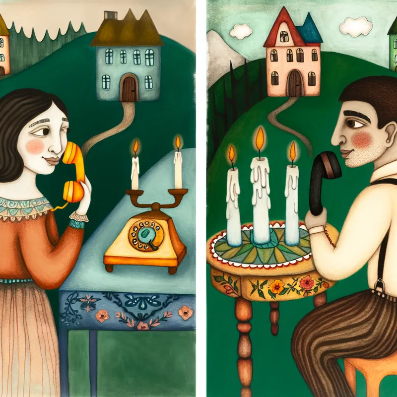 Twee vrienden communiceren via een vintage telefoon in een schilderachtig landschap