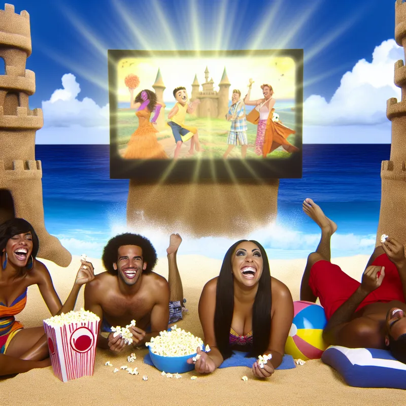 Een kleurrijke cartoonachtige afbeelding van vrienden die ontspannen op een zonnig strand, lachend naar een grote, grappige film kijken terwijl ze popcorn houden.