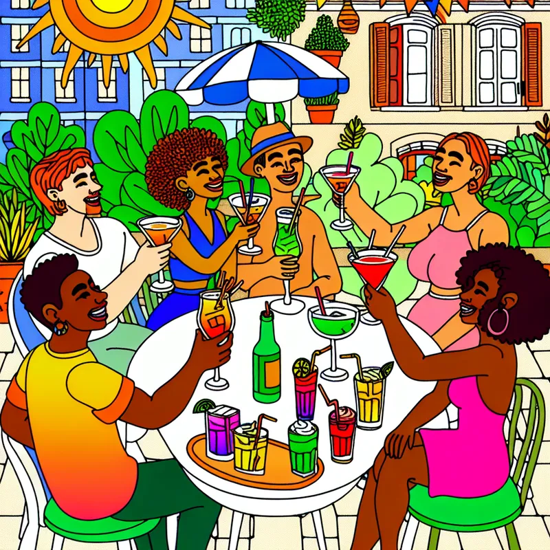 Een levendig cartoonachtige scène van vrienden die proosten met kleurrijke dranken op een terras in de zon.