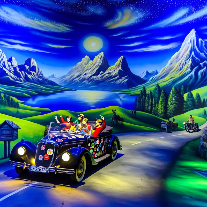 Vriendengroep rijdt met een oude cabriolet over een kronkelig bergpad, omringd door groene heuvels en blauwe lucht.