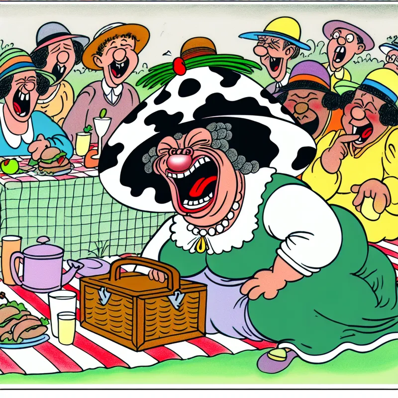 Een cartoonachtige afbeelding van een groep vrienden tijdens een picknick, waarbij een lachende vrouw met een koeienhoed wordt aangeduid als 'koe' door een andere vriend.