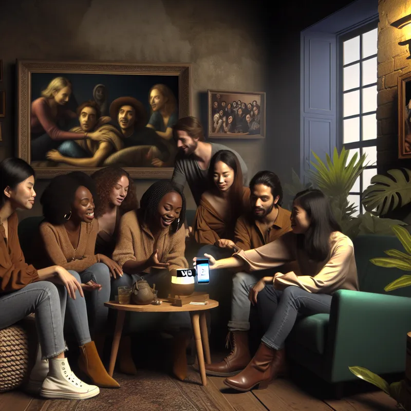 Groep diverse vrienden in een gezellige woonkamer die enthousiast plannen bespreken, met een telefoon die een WhatsApp-chat toont.