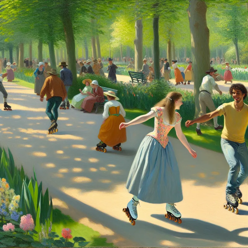 Vrienden die plezier hebben met rolschaatsen in een serene parkomgeving op een zonnige zaterdagmiddag.