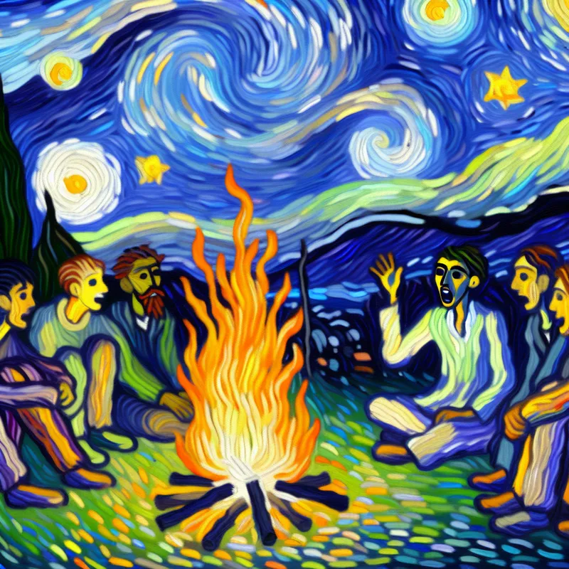 Groep vrienden rond een kampvuur die een verhaal delen, verlicht door de warme gloed van het vuur.