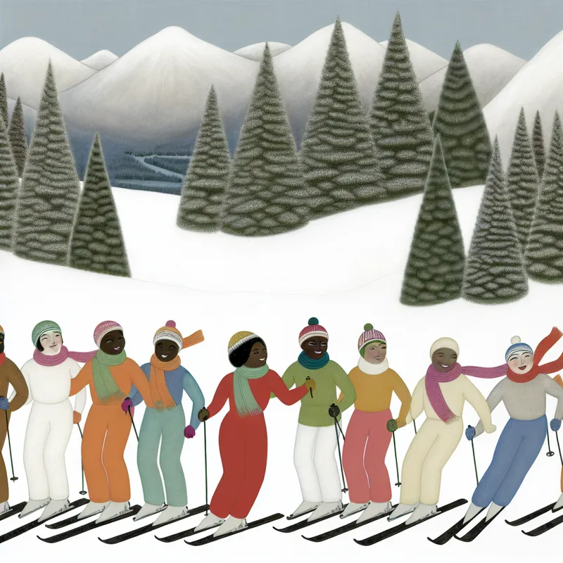 Vrienden skiën samen op een besneeuwde helling met sneeuwbedekte dennenbomen op de achtergrond.