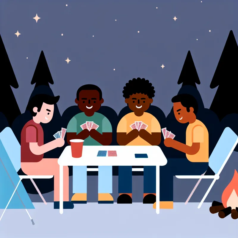 Een groep van vier vrienden speelt kaarten om een kleine tafel bij een kampvuur onder een sterry nacht.