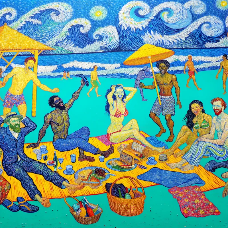 Zeven vrienden genieten samen van een zonovergoten strandvakantie, met kleurrijke strandhanddoeken en een gezellige picknick.