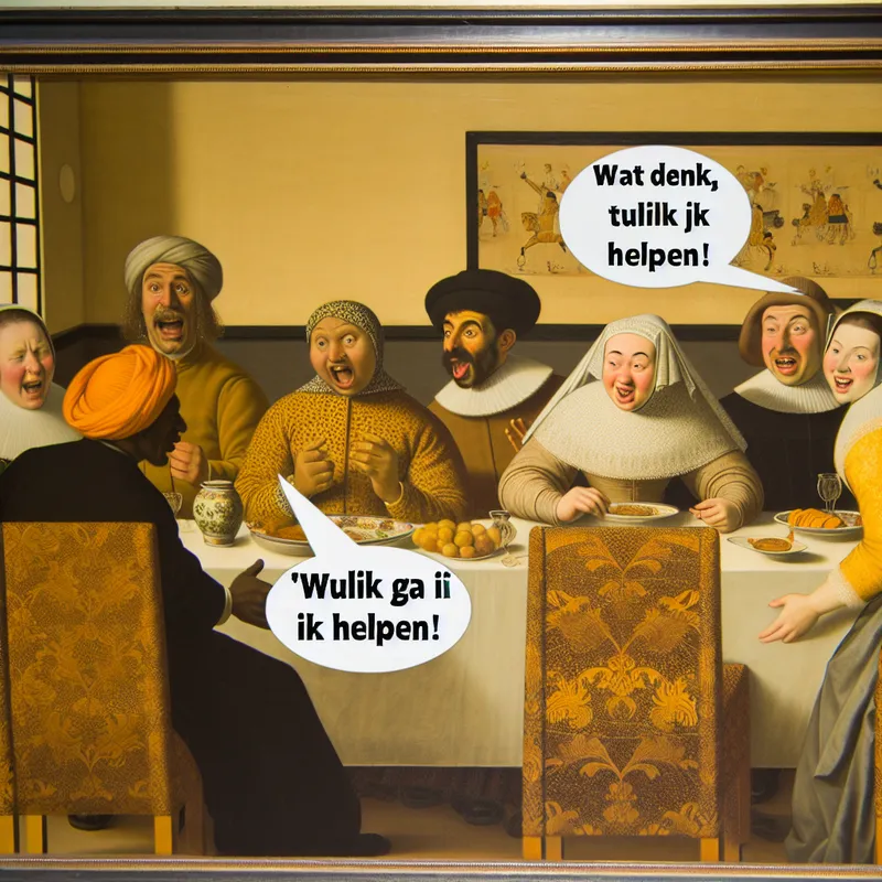 Groep vrienden aan een tafel met een warme uitstraling, één zegt 'Wat denk je, tuurlijk ga ik helpen!' terwijl een ander verrast kijkt.