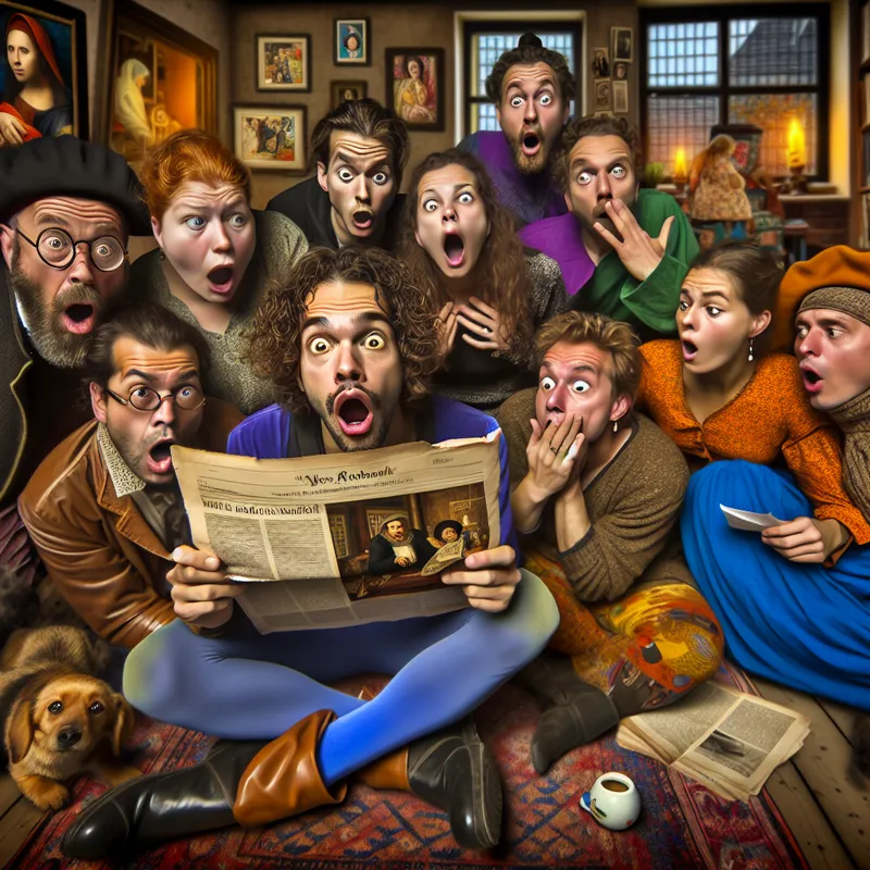 Vrienden in een gezellige woonkamer tonen verbazing en ongeloof over schokkende nieuwsberichten.