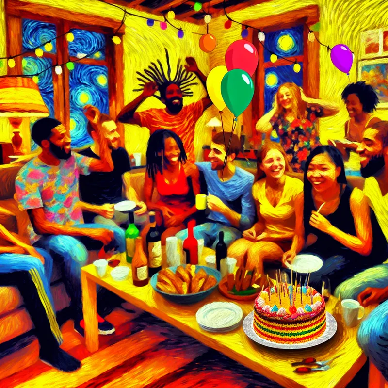 Vrienden vieren Sam's verjaardag met een kleurrijke taart en ballonnen in een warm verlichte kamer.