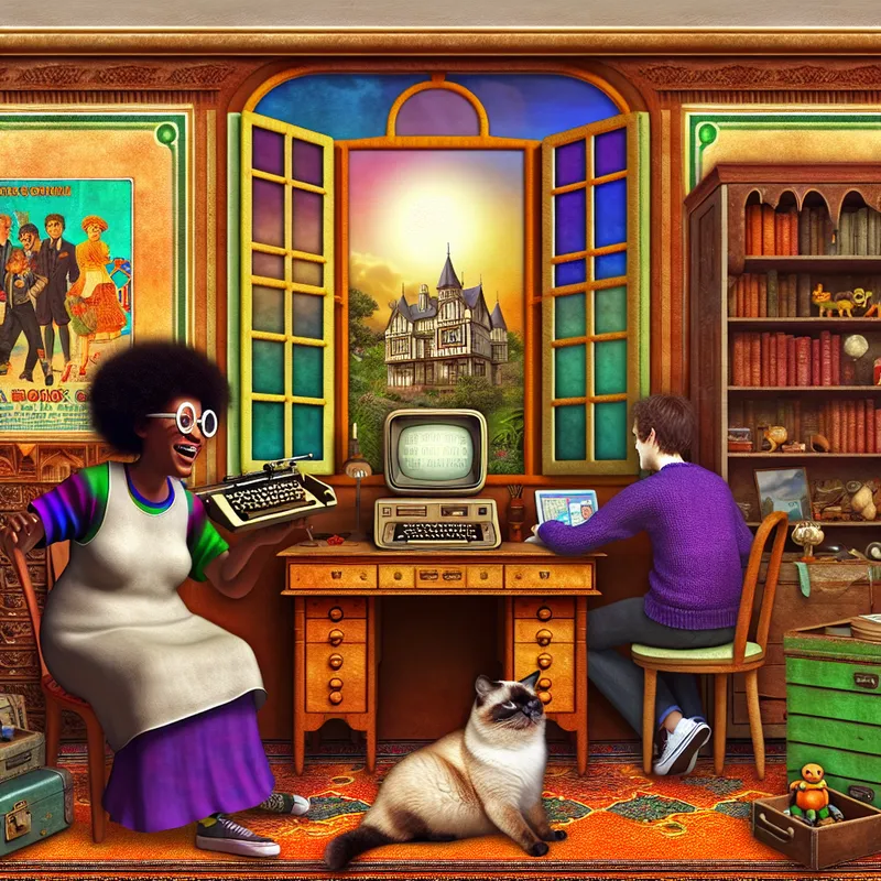 Een groep vrienden rond een vintage computer in een gezellige kamer, met een kat die slaapt en een tuin zichtbaar door het raam.