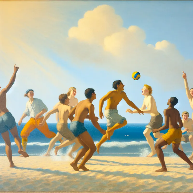 Een diverse groep vrienden genaamd JUNGEN speelt enthousiast beachvolleybal op een zonovergoten strand.