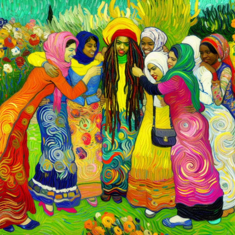 Groep vrouwen omarmt elkaar in een zonovergoten park, met één vrouw die speelachtig 'zus' zegt.