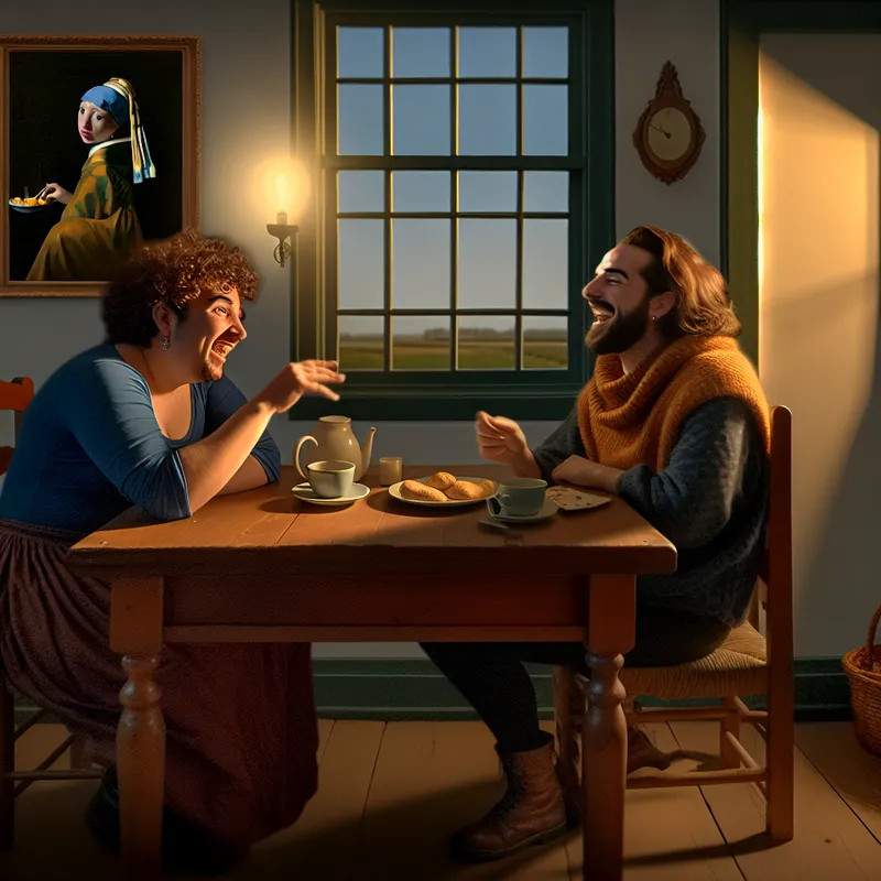 Twee vrienden zitten aan een houten tafel in een warm verlichte Nederlandse omgeving, lachen en plannen hun weekend.