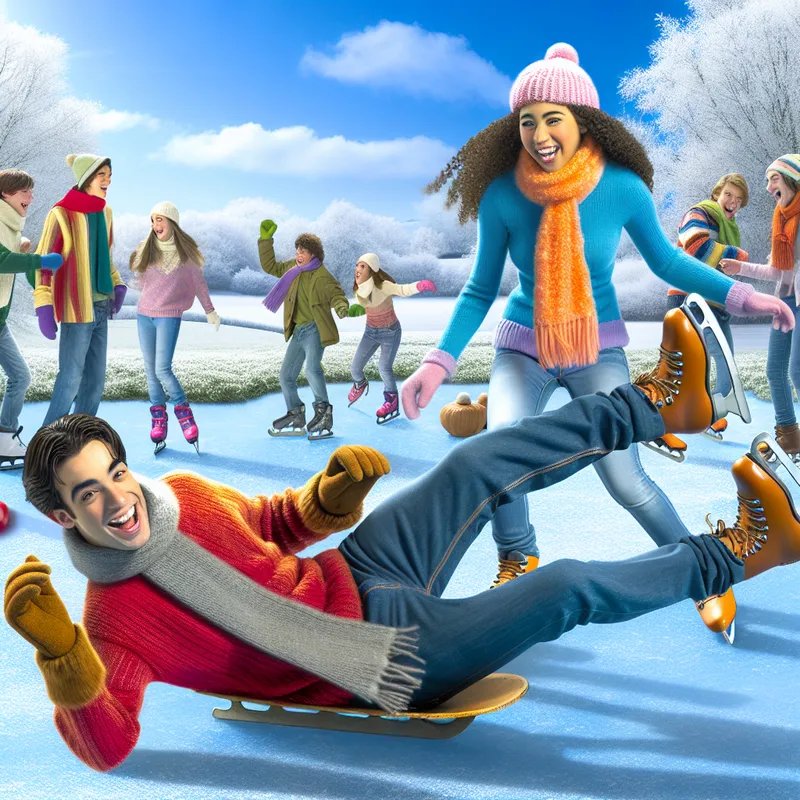 Twee jonge vrienden genieten van winteractiviteiten, één glijdt op het ijs terwijl de ander lacht en aanmoedigt.