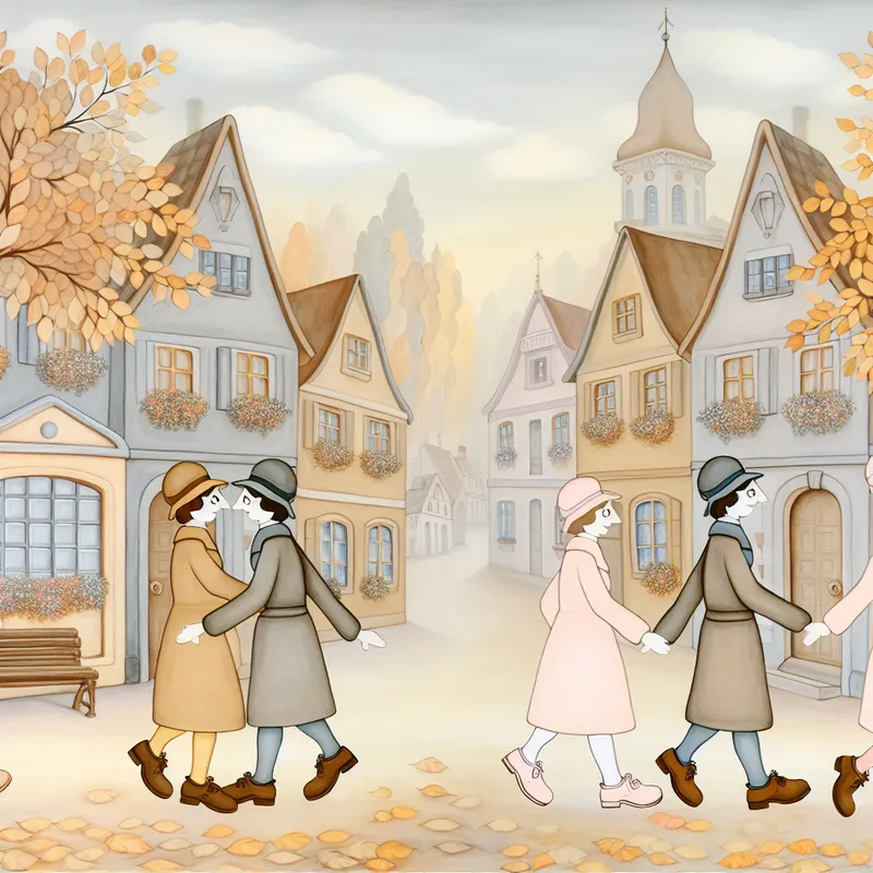 Twee paren vrienden in vintage stijl wandelen zij aan zij met identieke schoenen in een charmante straat.