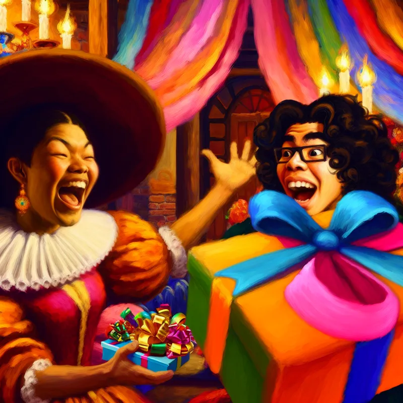 Vriendschappelijke verrassing met een prachtig ingepakt cadeau, met blije gezichten en een warme sfeer.