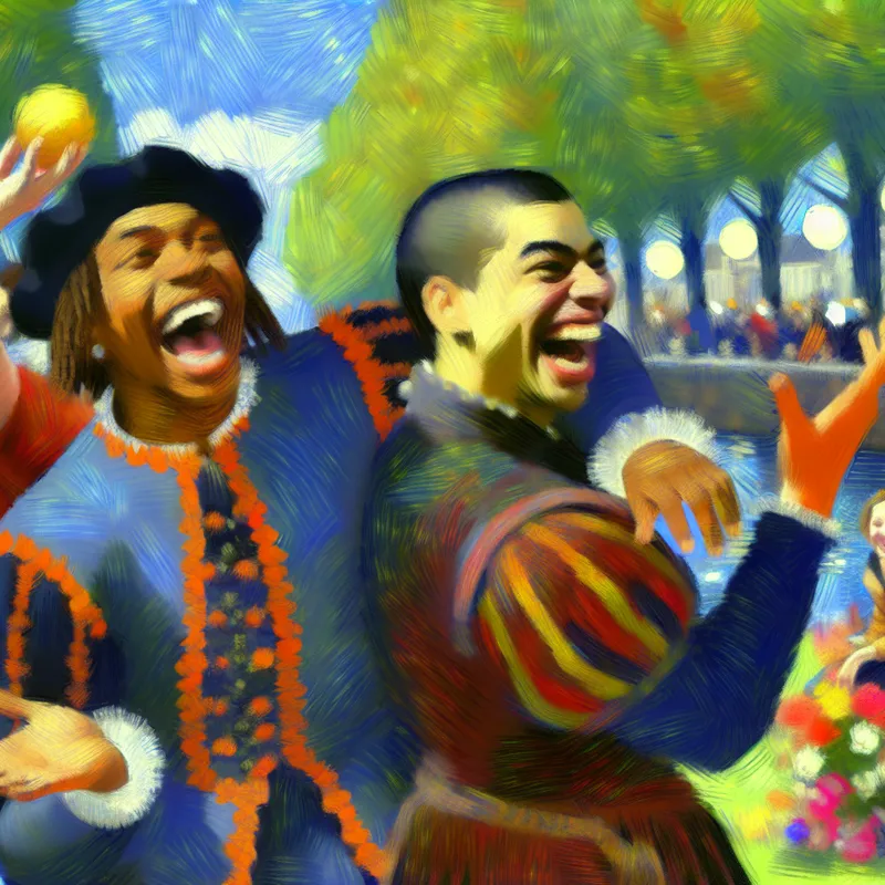 Twee vrienden lachen en genieten van een zonnige dag in het park, omringd door bloeiende bomen en kleurrijke bloemen.