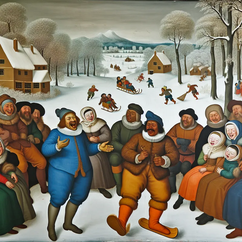 Vrolijke winterse scène met vrienden die lachen om de verhalen van een verteller in een besneeuwd landschap