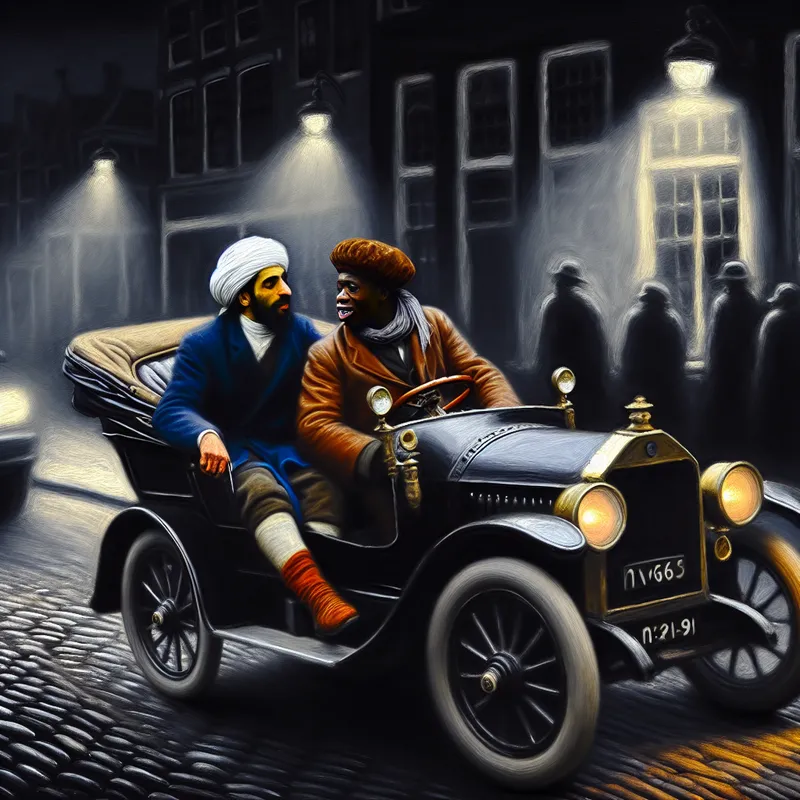 Een man geeft zijn vriend een lift in een vintage auto tegen een bruisende stedelijke achtergrond.