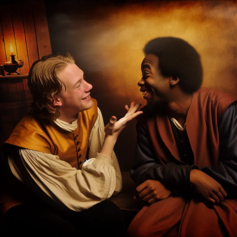 Twee goede vrienden delen een intiem moment in een warme, verlichte ruimte, met expressies van vertrouwen en kameraadschap