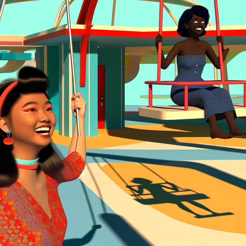 Retro-futuristische illustratie van twee vrouwelijke vrienden die samen plezier hebben op een speelplaats.