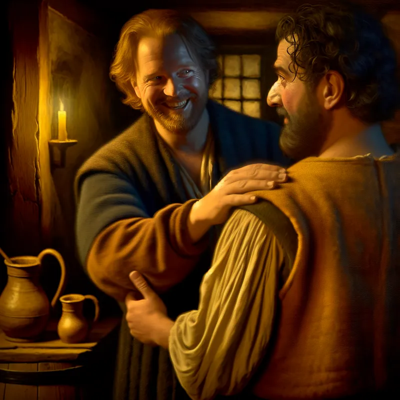 Twee vrienden in een gezellige kroeg, waarbij de ene man de ander vriendschappelijk op de schouder klopt en zegt: 'Kom op, kerel, je kunt dit wel!' in Rembrandt-stijl met dramatische belichting