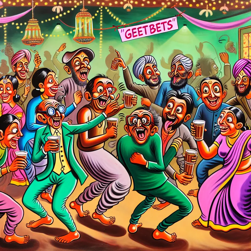 Een levendige scène van een groep vrienden die een weekend van feesten vieren, met kleurrijke feestdecoraties en cartoonachtige uitdrukkingen van vreugde.