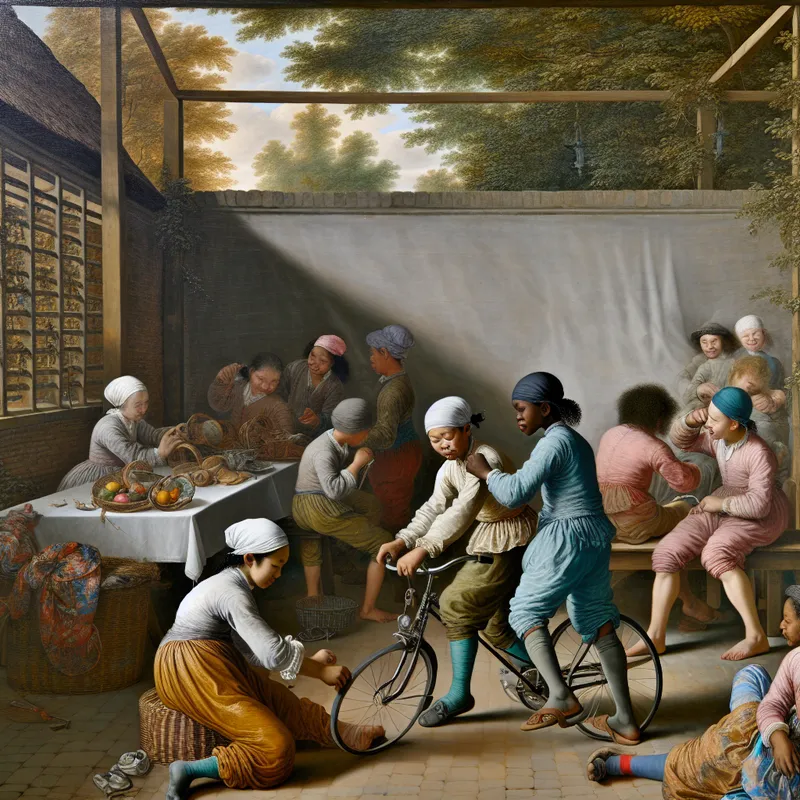 Twee kinderen racen op fietsen in een zonnige tuin terwijl vrienden aanmoedigen, weergegeven in de stijl van Gerard ter Borch