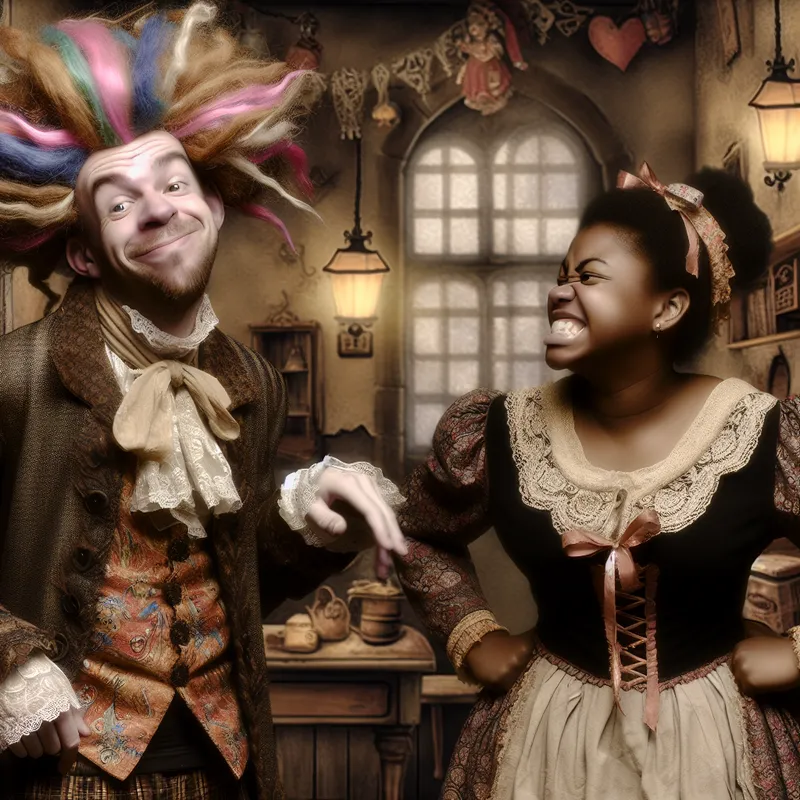 Twee vrienden plagen elkaar vriendschappelijk in een nostalgische, sprookjesachtige setting met warme kleuren en vintage details