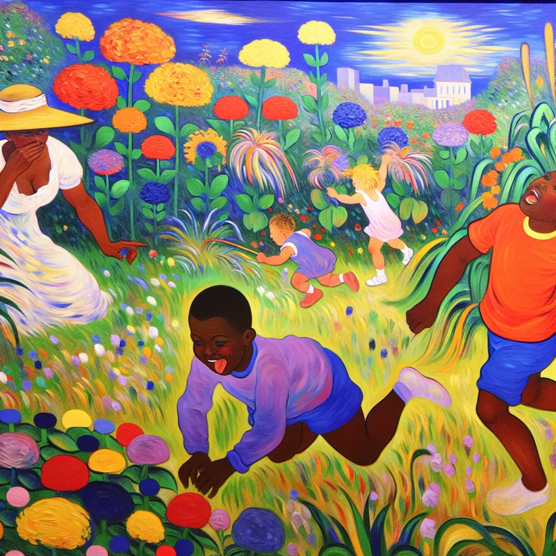 Een ouder laat hun kinderen vrij spelen in een kleurrijke tuin vol met grote bloemen.