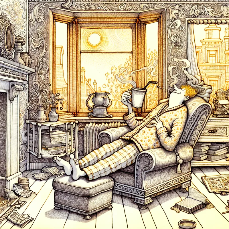 Kartonnen figuur ontspant in zonnige woonkamer met koffie, boeken en kat tijdens vrije tijd