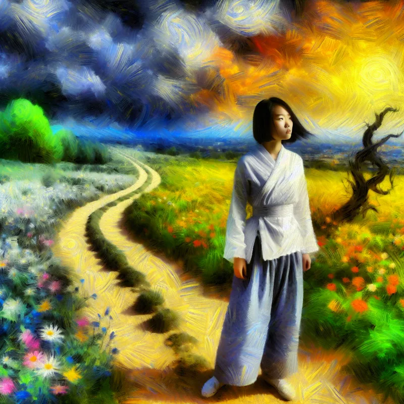 Jonge vrouw op een kruispunt met twee paden, één door een zonovergoten bloemenweide en de ander in een schaduwachtig bos, symboliseert de vrijheid van keuze.