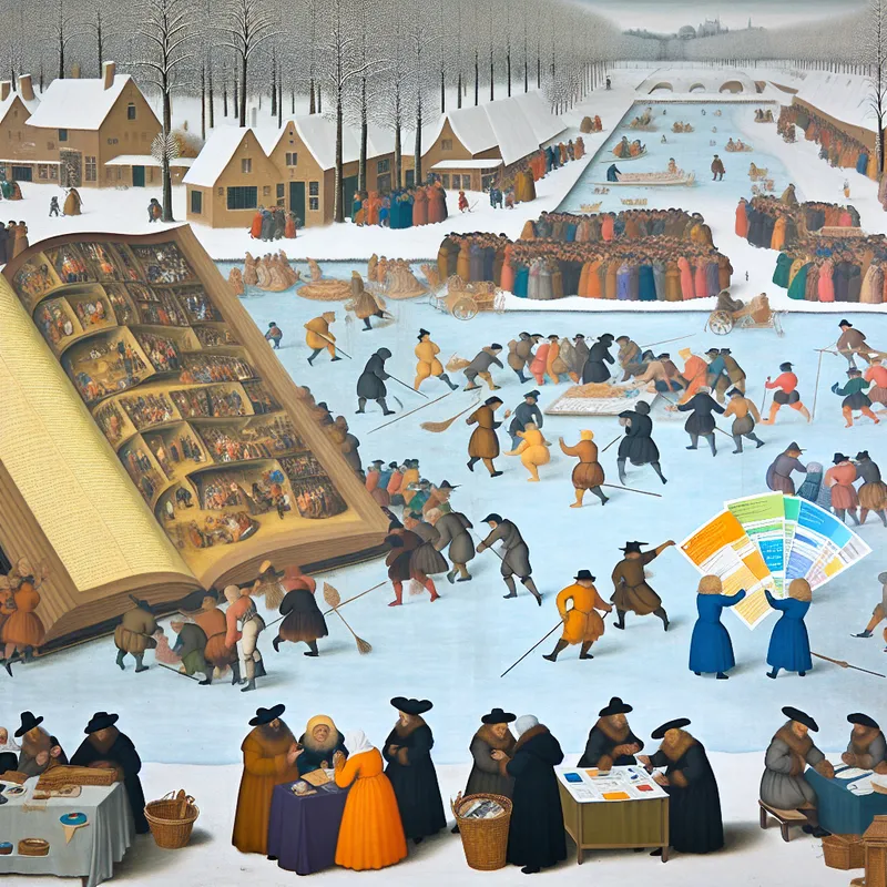 Drukbevolkt Hollands wintertafereel met studenten en dorpsbewoners die keuzes maken, symboliserend voor vrijheid en zelfbeschikking