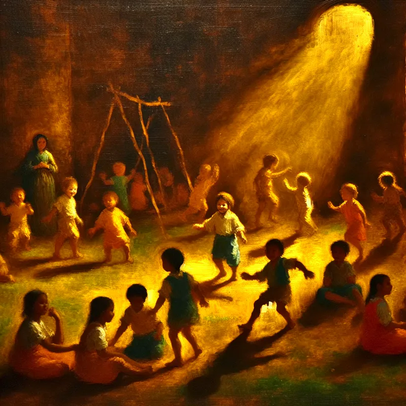 Schilderij in Rembrandt-stijl van kinderen die vrij spelen op een zonnige schoolplein tijdens de pauze, met een glimlachende leerkracht op de achtergrond