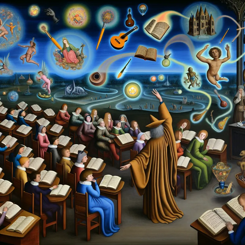 Surrealistisch klaslokaal in de stijl van Hieronymus Bosch met een middeleeuwse leraar en leerlingen omringd door zwevende creatieve objecten en fantasiewezens, symboliserend vrijheid van handelen en denken
