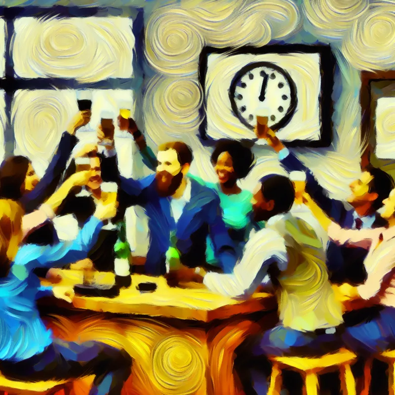 Een gezellige kantoorborrel op vrijdagmiddag met collega's die samen een drankje doen