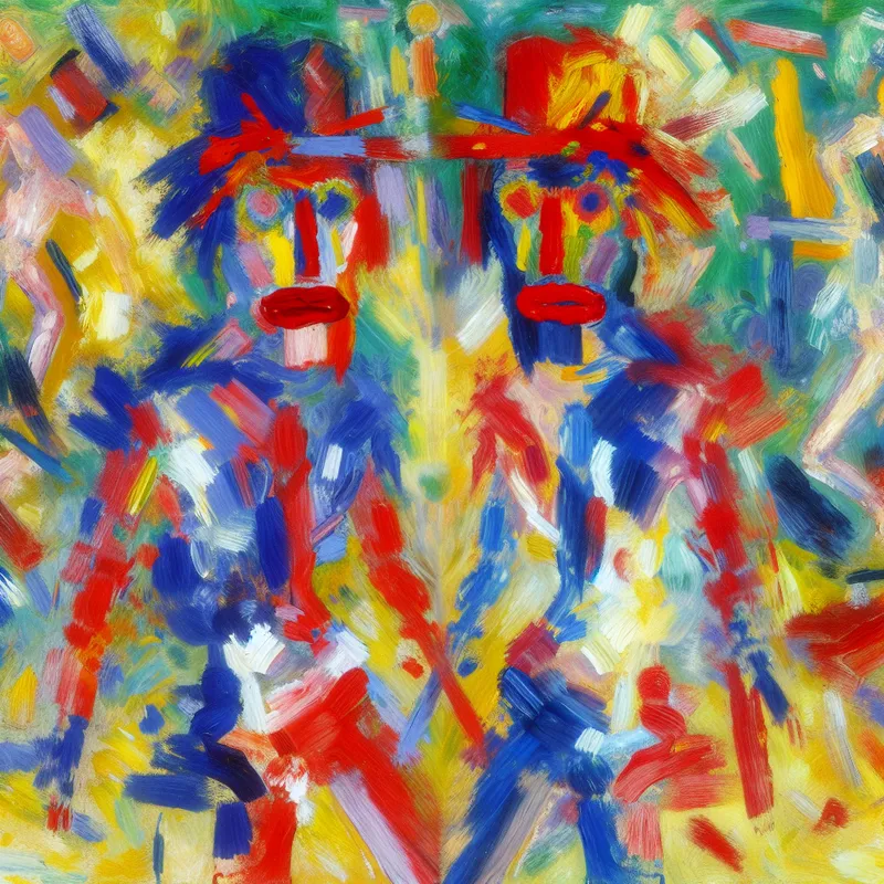 Abstract schilderij van twee bijna identieke figuren in felle kleuren, die het concept 'vrijwel' of 'bijna' uitbeelden in de expressieve stijl van Karel Appel