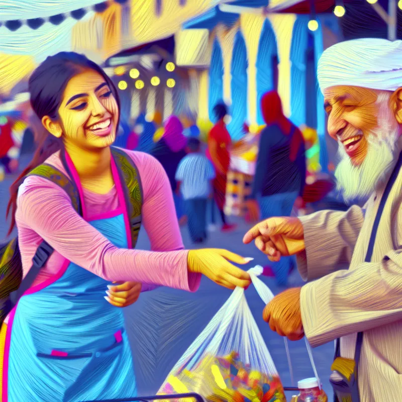 Een jonge vrouw helpt een oudere man met boodschappen in een levendige marktscène, beiden lachend en blij met elkaar.