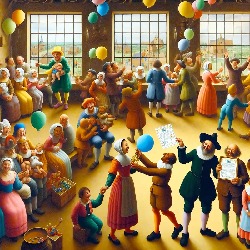 Groep vrijwilligers ontvangt certificaten en cadeaus in een levendige gemeenschapshal vol vreugde, met blije gezichten en versieringen.