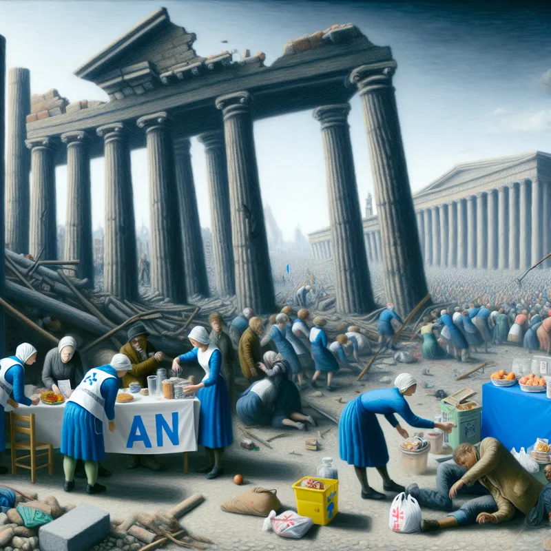 Een hyper-realistisch tafereel van vrijwilligers die noodhulp bieden in een rampgebied, onder een banner van 'AN' (Algemene Noodhulp).