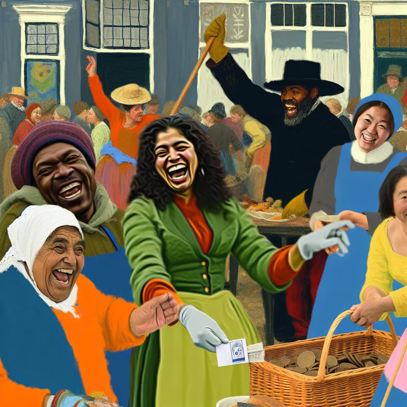 Groep vrijwilligers die samenwerkt op een gemeenschapsevenement, met een glimlachende vrijwilliger die een envelop ontvangt.