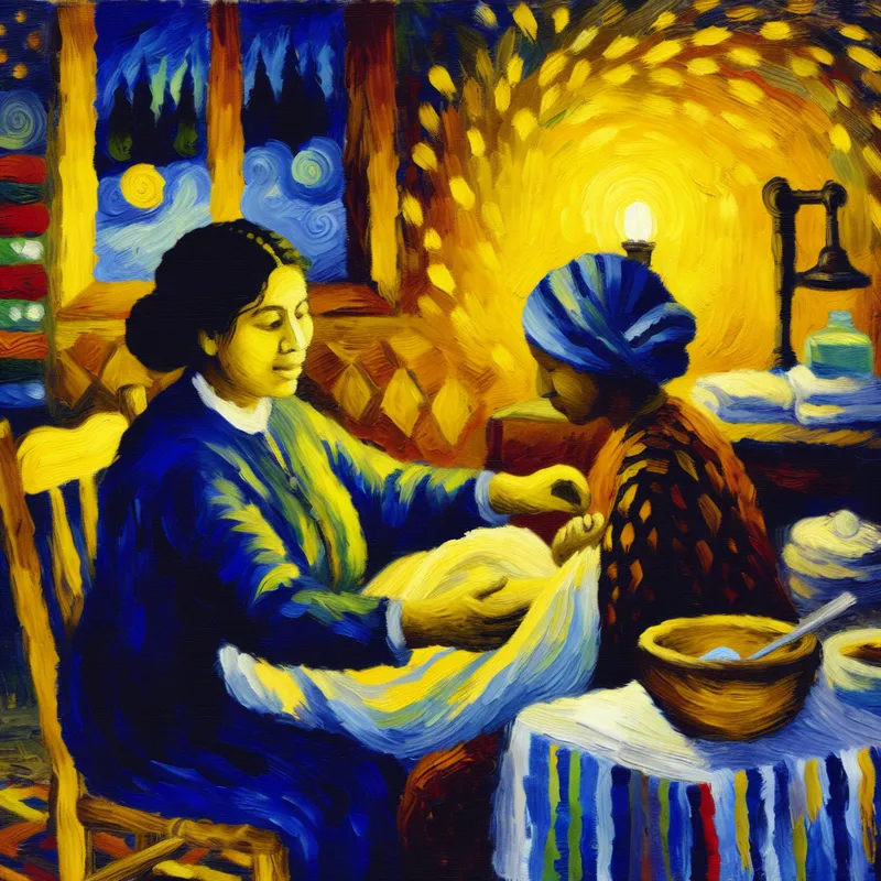 Vroedvrouw ondersteunt moeder tijdens huisbevalling in warme, Van Gogh-achtige stijl met gouden lampverlichting en zorgzame sfeer