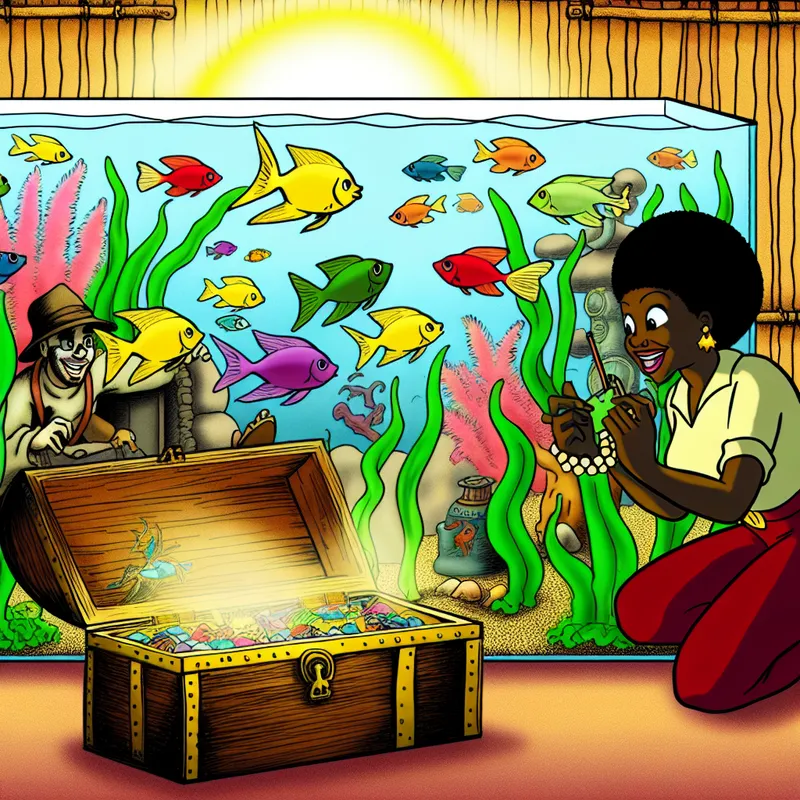 Een vrolijke cartoonafbeelding van een aquarium met kleurrijke vissen en een enthousiaste persoon die observeert.
