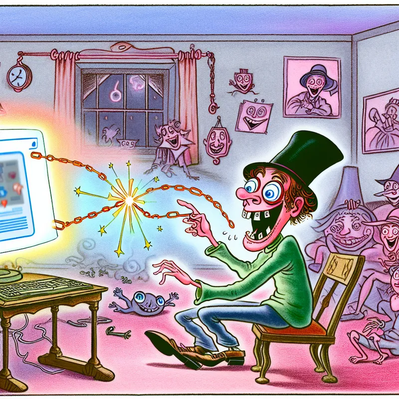 Een cartoonachtig personage dat enthousiast een link deelt op een computer, omgeven door vrolijke details.