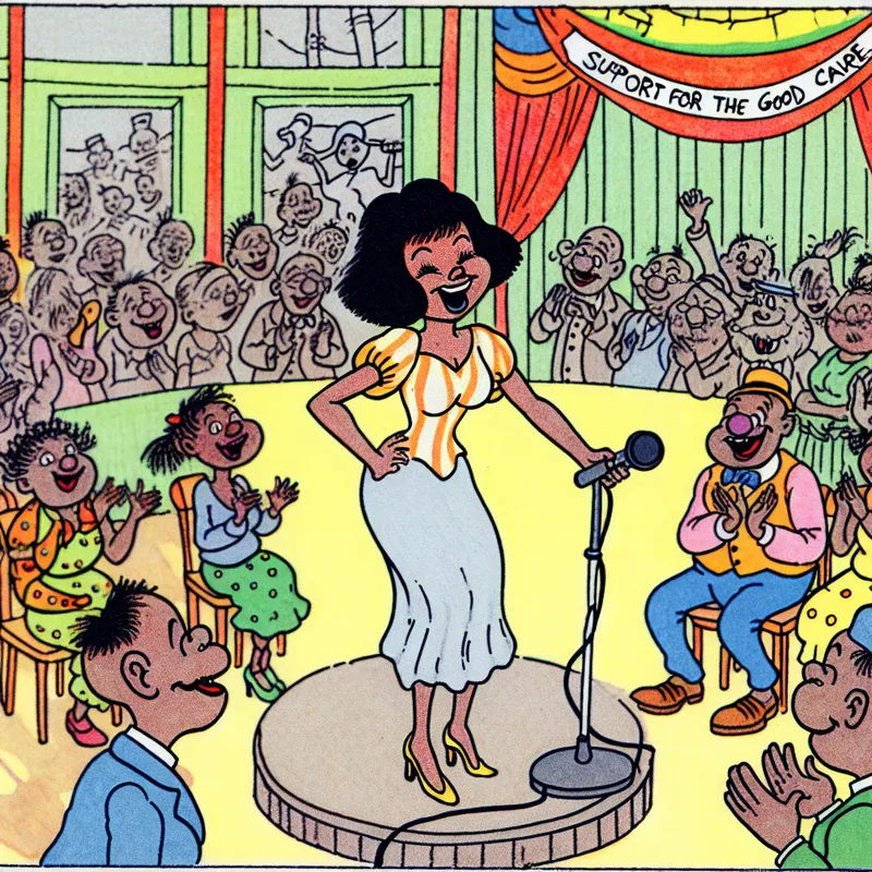 Vrolijk cartoonbeeld van een jonge vrouw op een podium met een microfoon op een levendig liefdadigheidsevenement, omringd door oprechte cartoonfiguren die hun steun tonen.