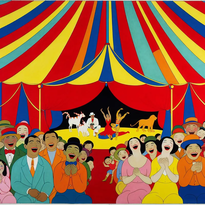 Vrolijk circus onder een kleurrijke tent met blije mensen en performers