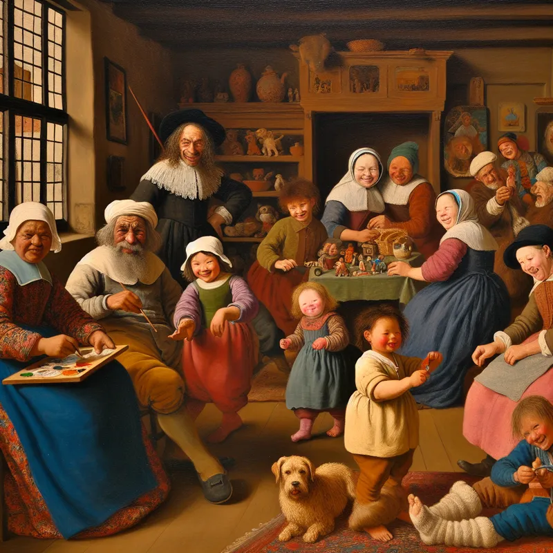 Portret van een vrolijke familie bijeenkomst, met een kunstenaar die een oud couple schildert, omringd door kinderen en volwassenen.