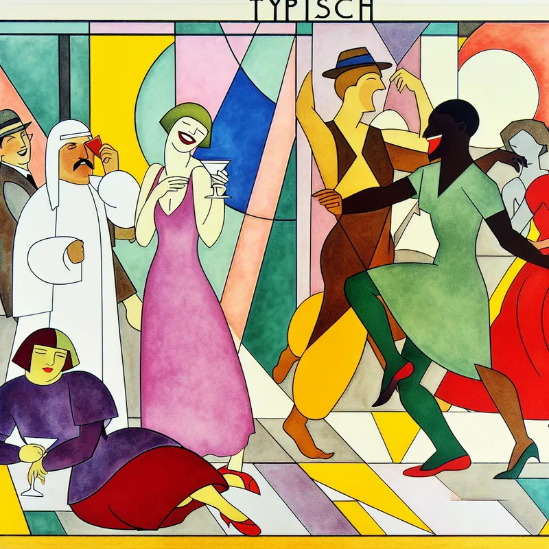 Vrolijke gasten dansen en lachen op een feest met kleurrijke geometrische vormen op de achtergrond.